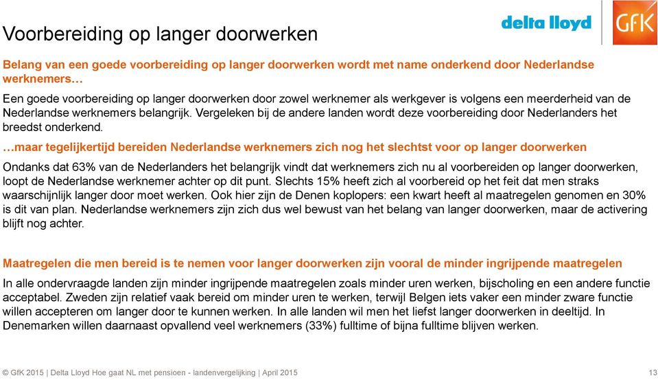 maar tegelijkertijd bereiden Nederlandse werknemers zich nog het slechtst voor op langer doorwerken Ondanks dat 63% van de Nederlanders het belangrijk vindt dat werknemers zich nu al voorbereiden op