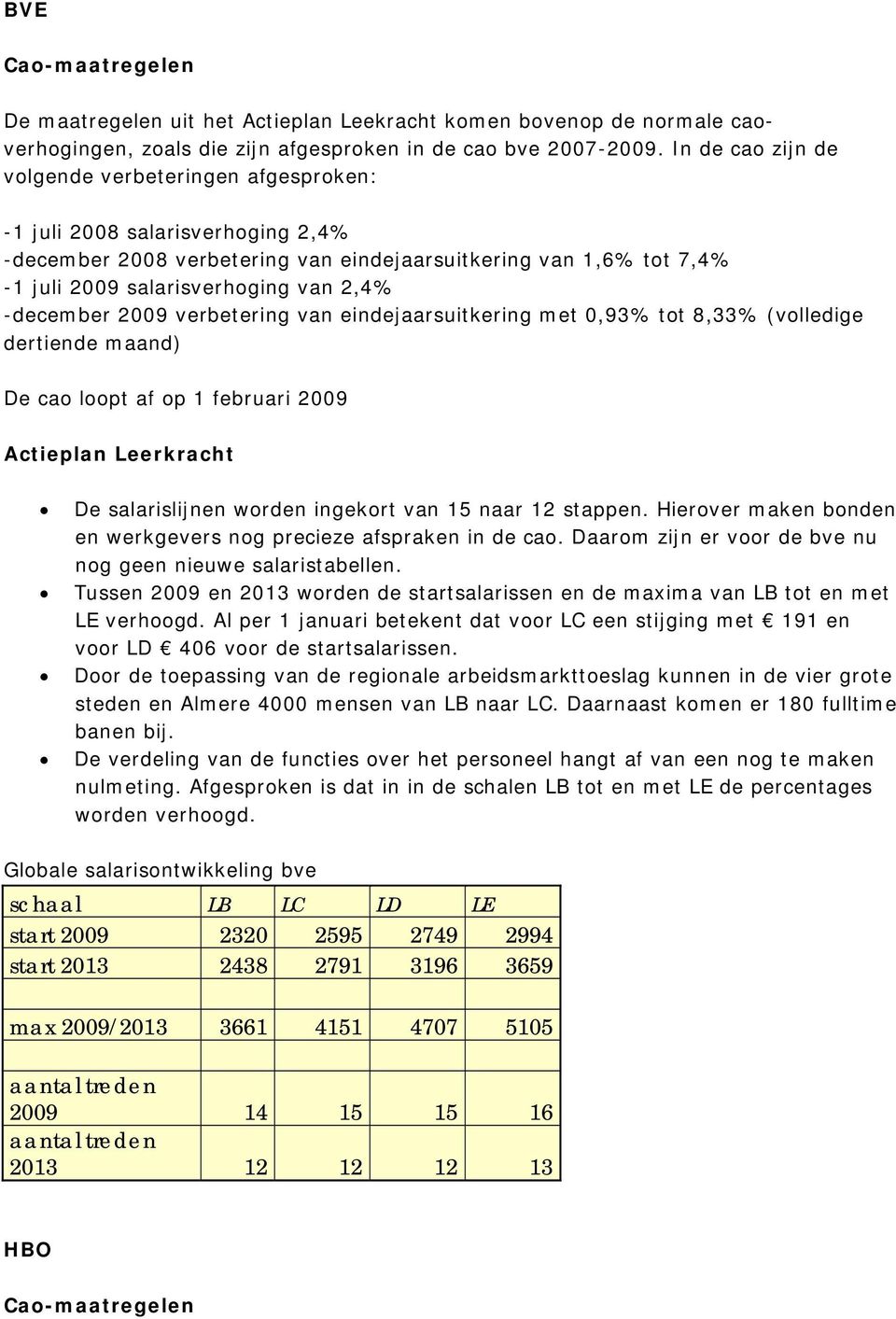 -december 2009 verbetering van eindejaarsuitkering met 0,93% tot 8,33% (volledige dertiende maand) De cao loopt af op 1 februari 2009 Actieplan Leerkracht De salarislijnen worden ingekort van 15 naar
