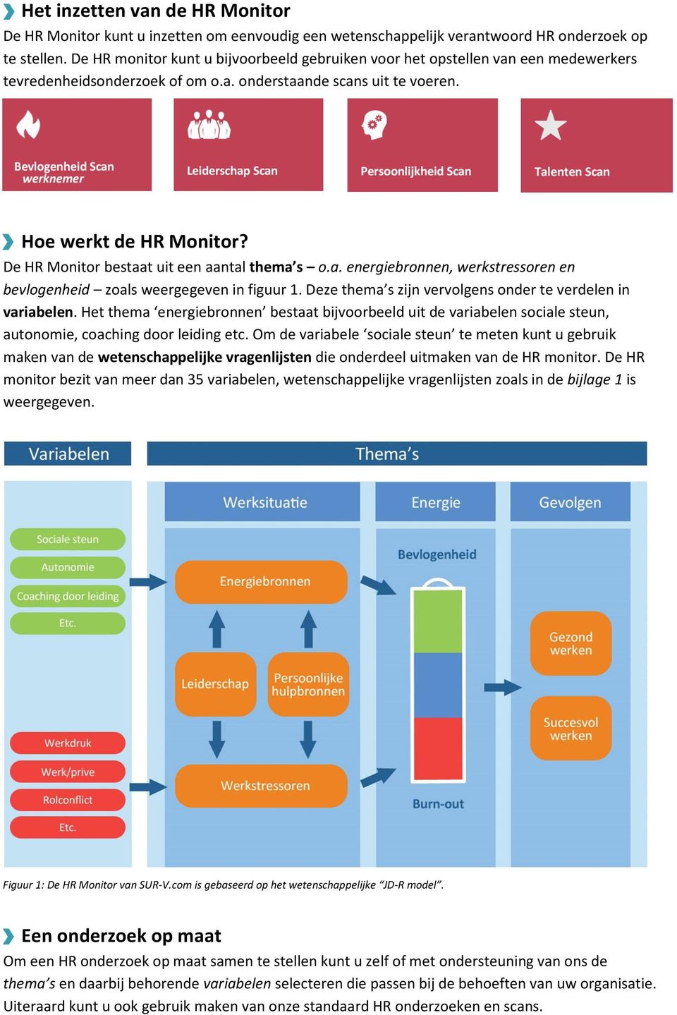 De HR Monitor bestaat uit een aantal thema s o.a. energiebronnen, werkstressoren en bevlogenheid zoals weergegeven in figuur 1. Deze thema s zijn vervolgens onder te verdelen in variabelen.
