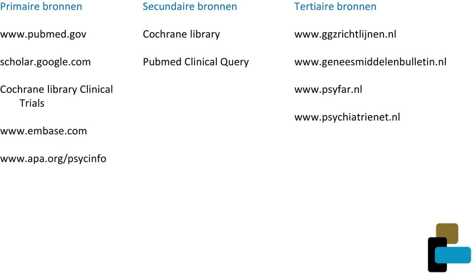 org/psycinfo Secundaire bronnen Cochrane library Pubmed Clinical Query