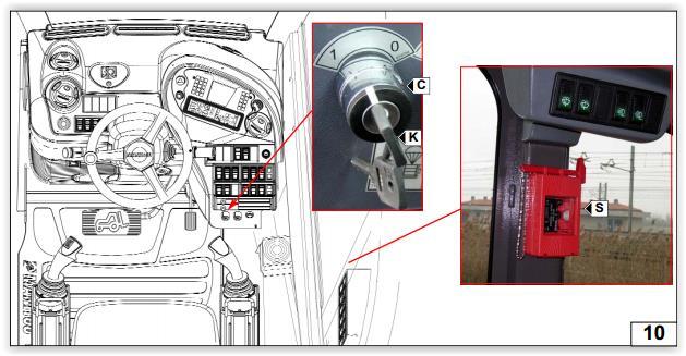 SLEUTELSCHAKELAAR NOODGEVALLEN(10) De bestuurder moet de sleutelschakelaar C in de cabine omdraaien om het Veiligheidssysteem uit te schakelen.